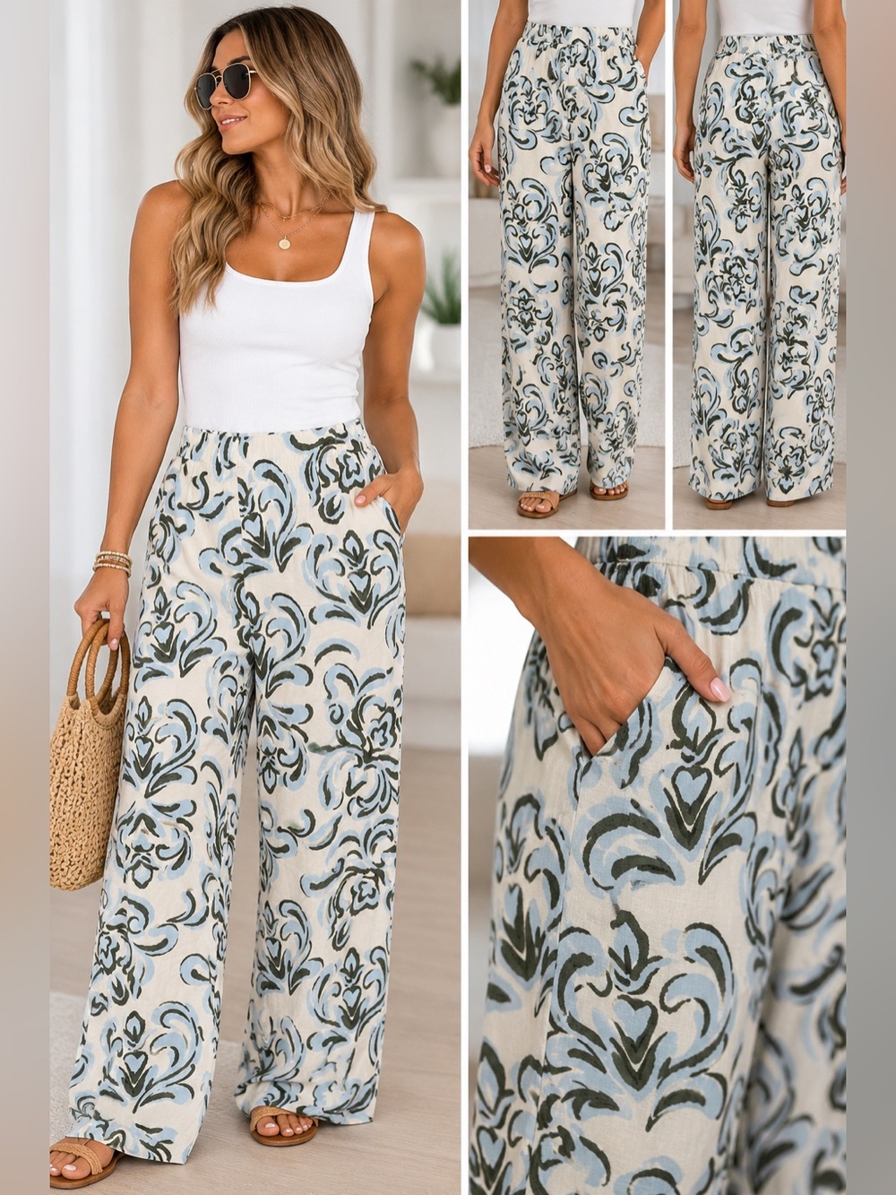 CeCe Women's Wide Leg Casual Pants with Blue Floral Print size medium